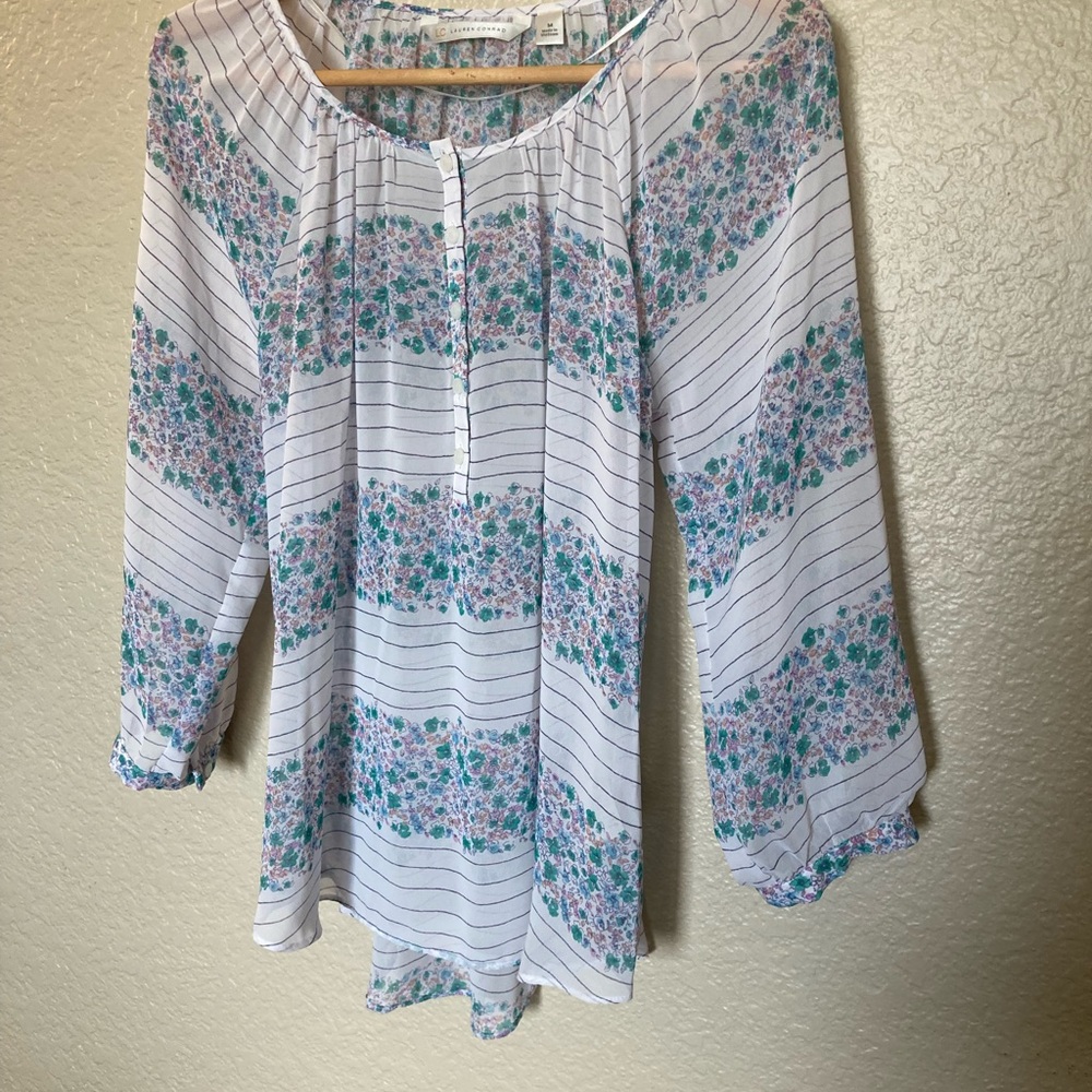 LC Lauren Conrad Floral Striped Blouse - White and Blue